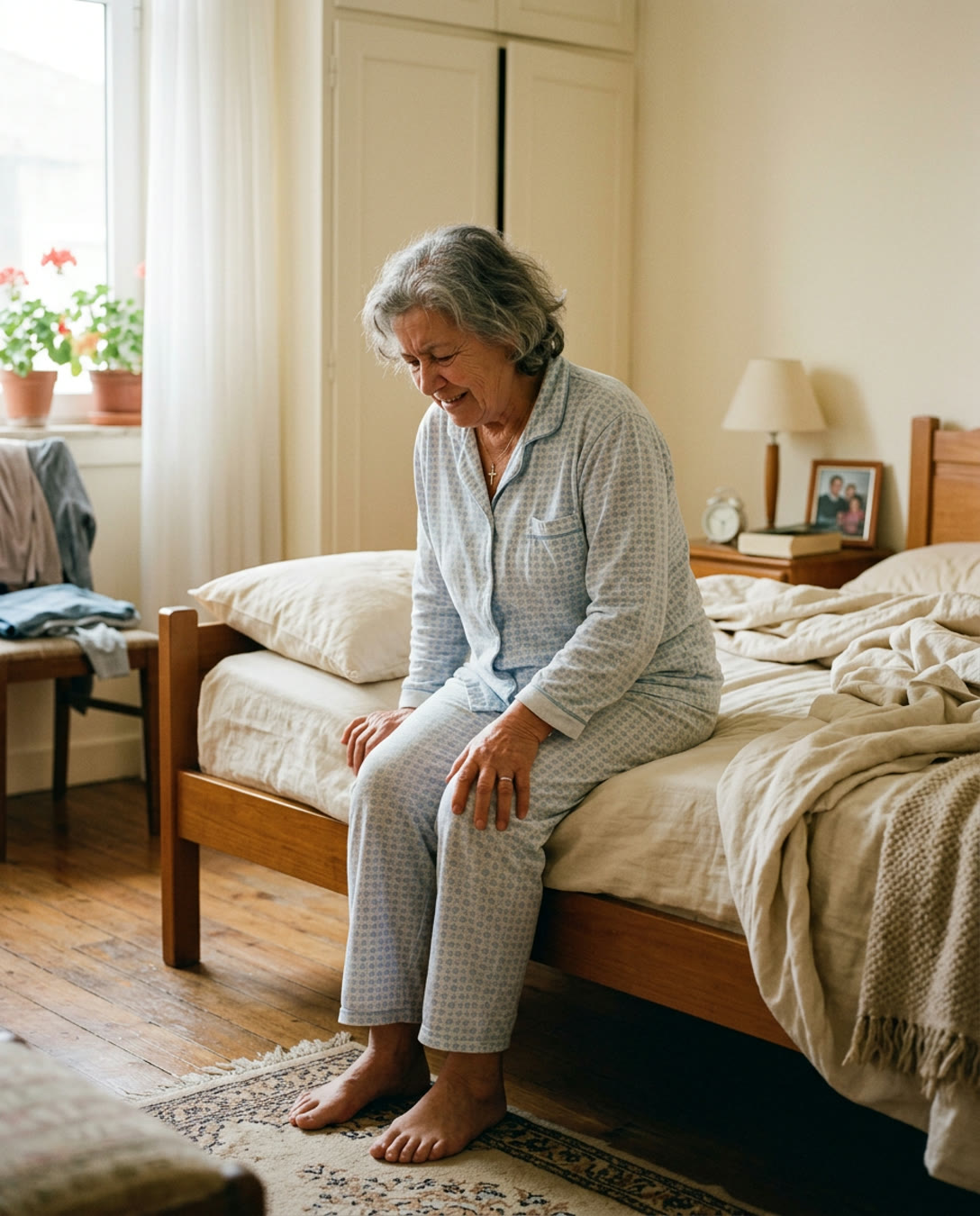Senhora a levantar-se da cama de manhã, com a mão no joelho