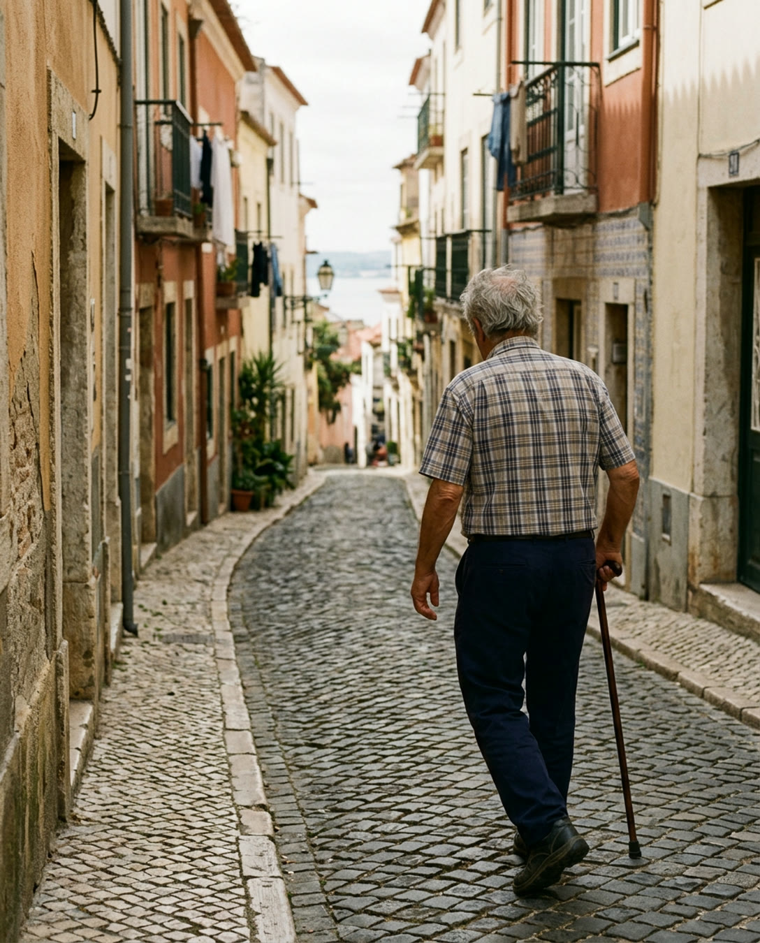 Senhor a caminhar devagar numa rua, de costas