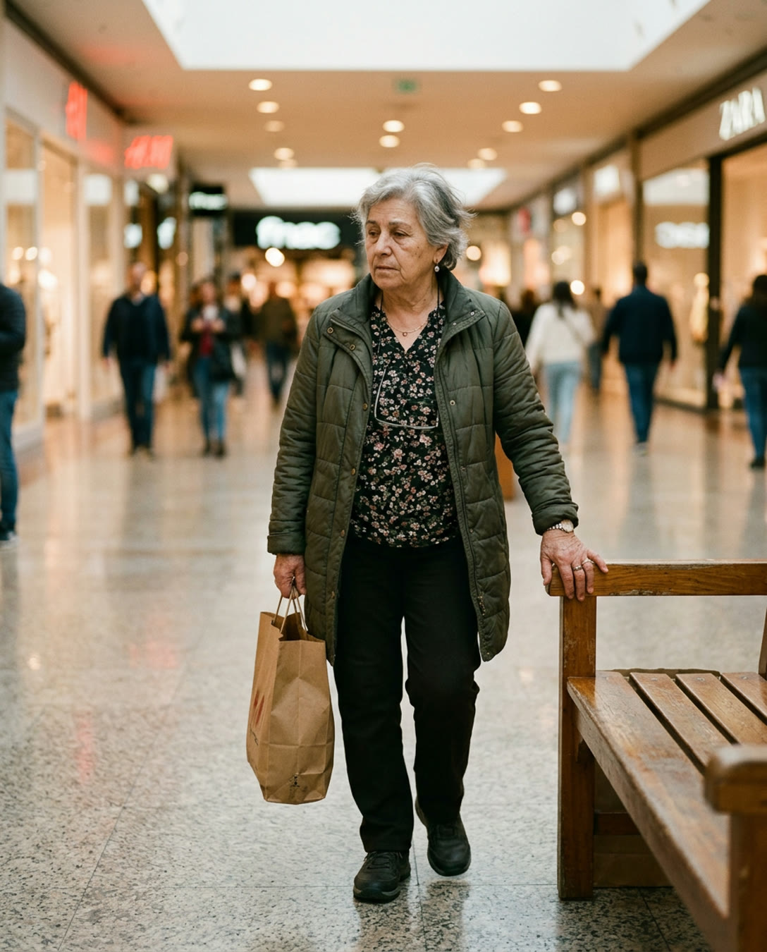 Senhora parada num centro comercial, com um saco de compras