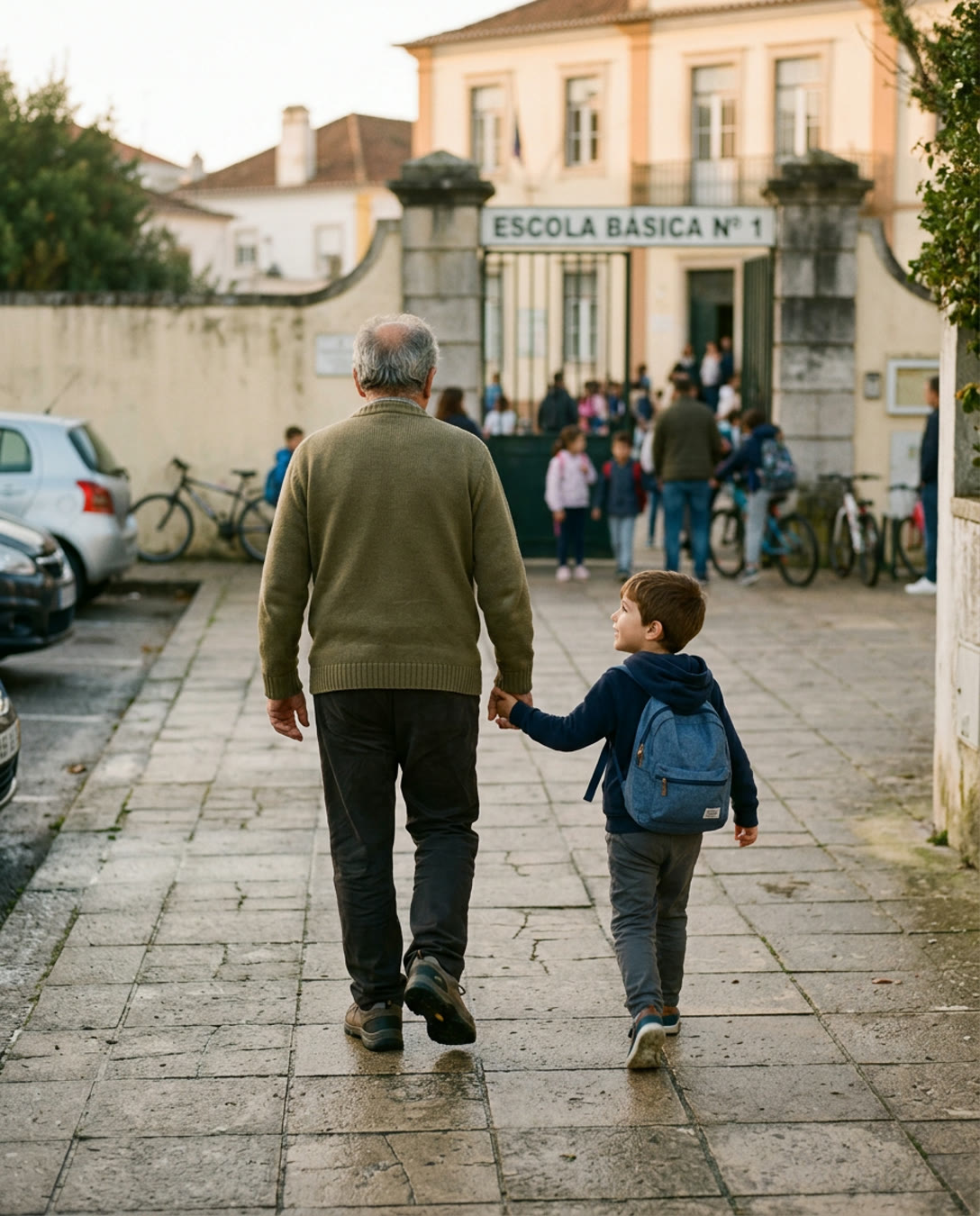 Avô de mão dada com o neto, a caminho da escola