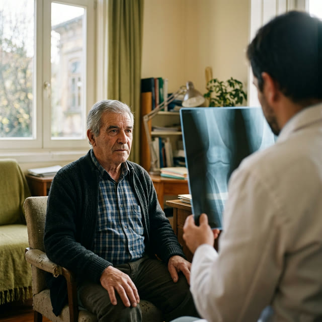 Senhor em consulta, a ouvir o médico que segura uma radiografia do joelho