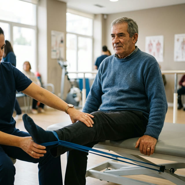 Senhor a fazer um exercício de joelho com elástico, acompanhado por um fisioterapeuta
