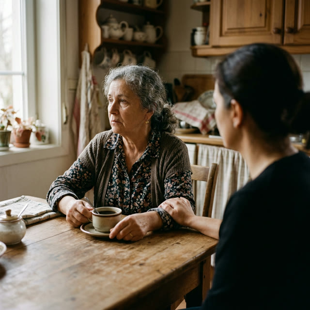 Senhora pensativa à mesa da cozinha, com a filha a apoiá-la