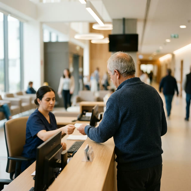 Senhor ao balcão da receção de um hospital